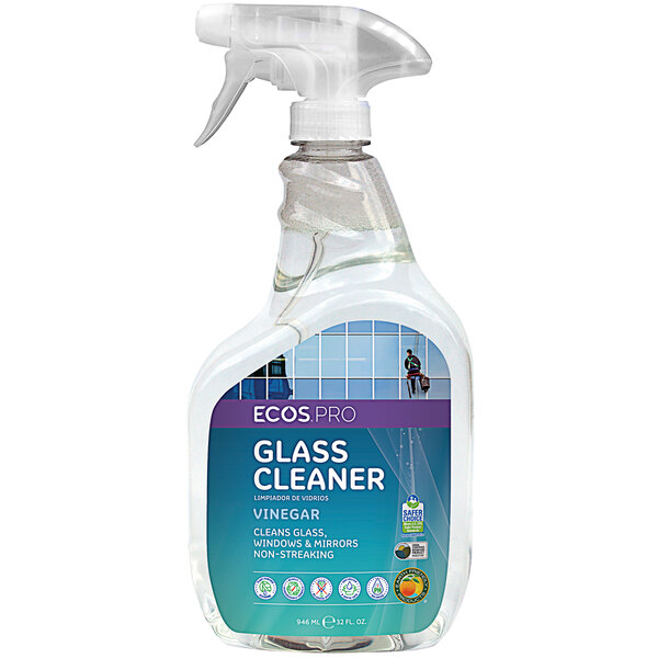 A clear plastic spray bottle of ECOS Vinegar Glass Cleaner with a blue and white label.