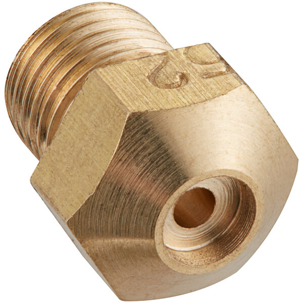 A gold brass threaded male fitting with a hole.