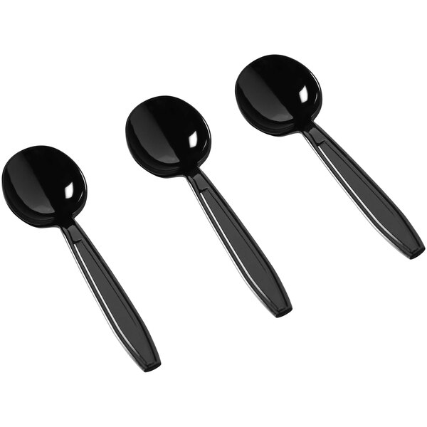 A group of Fineline Flairware black plastic soup spoons with handles.