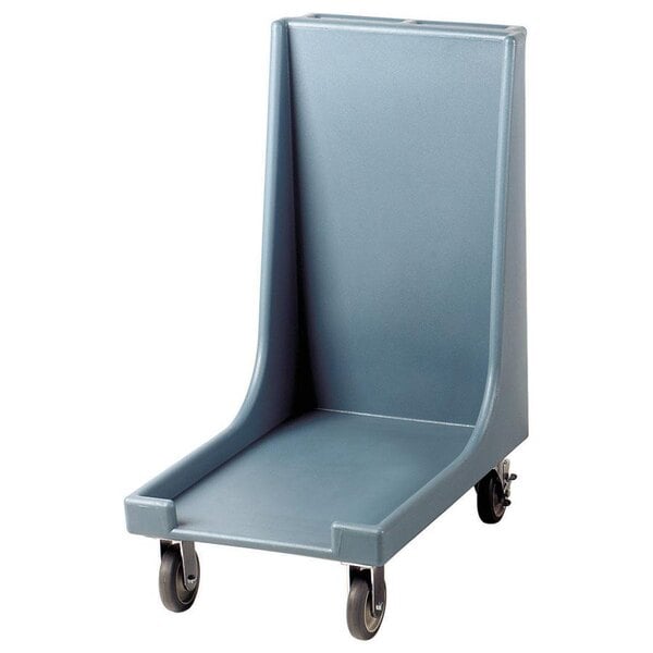 A slate blue plastic Cambro Camdolly with wheels.