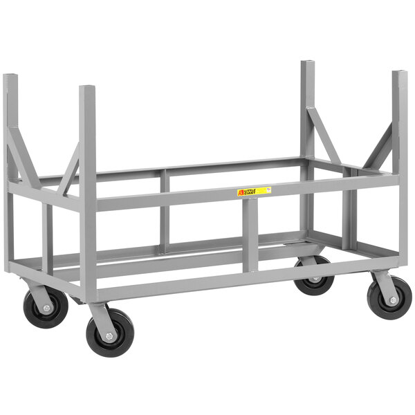A grey metal Little Giant bar cradle truck with black wheels.