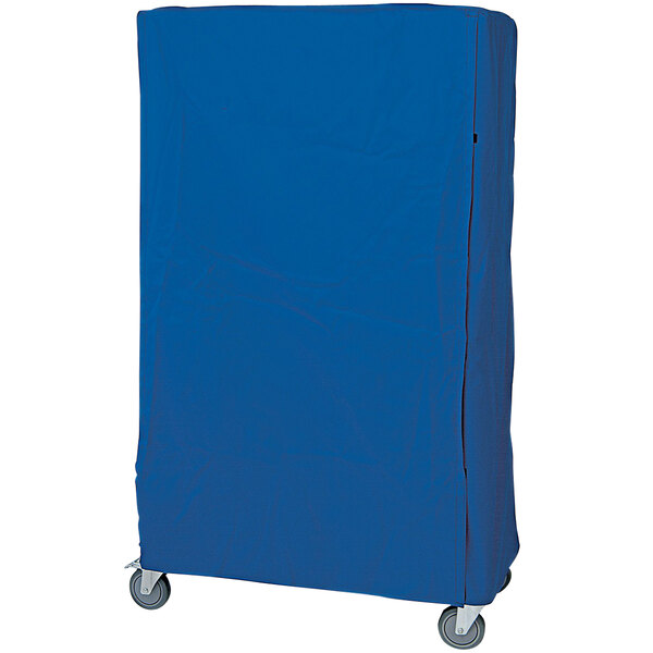 A blue nylon cover with a zippered closure for a rectangular rolling cart with black handles.