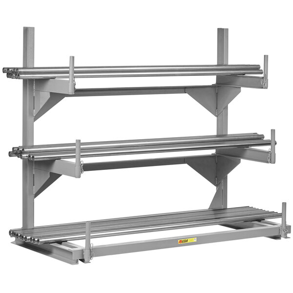 A Little Giant fully welded steel cantilever rack with metal shelves.