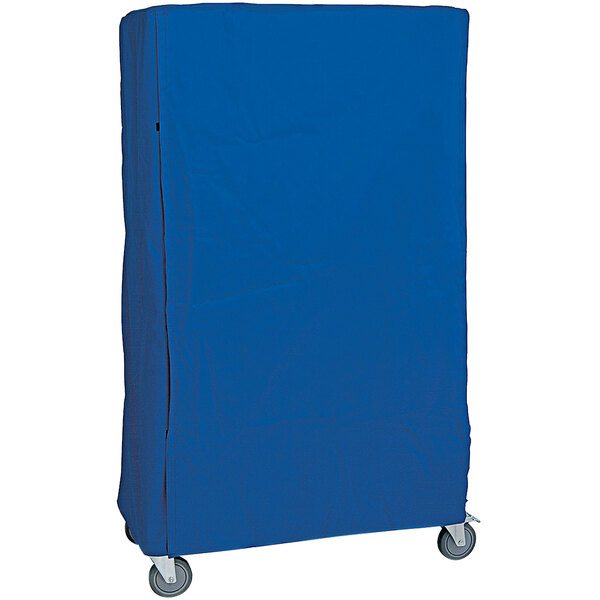 A blue nylon cart cover with Velcro closure for a rectangular shelving cart.