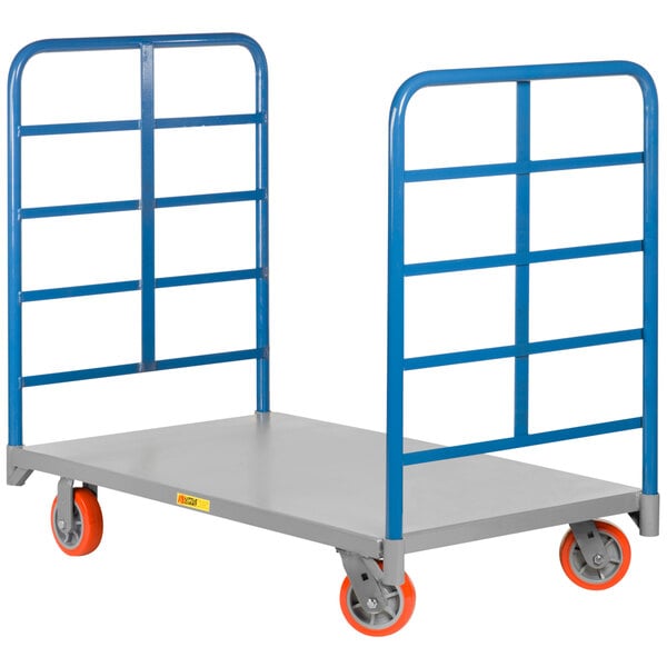 A blue metal Little Giant platform truck with orange wheels.