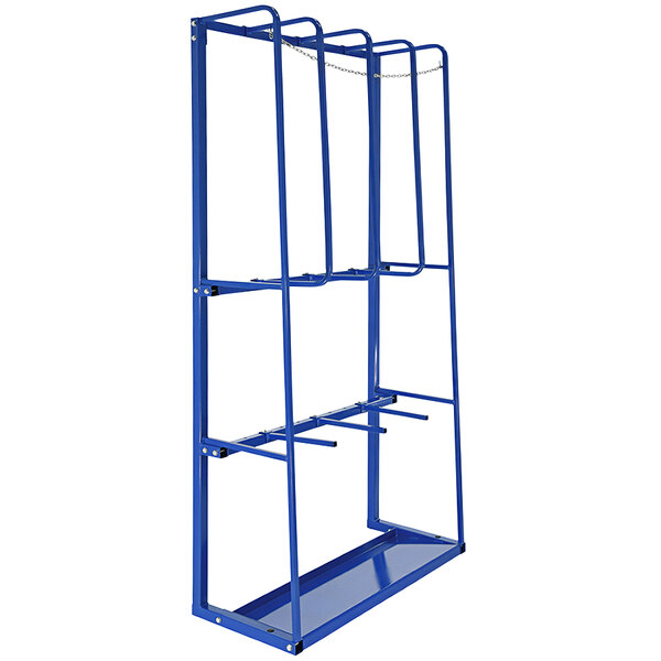 A blue metal Vestil expandable storage rack with four bays and four legs.