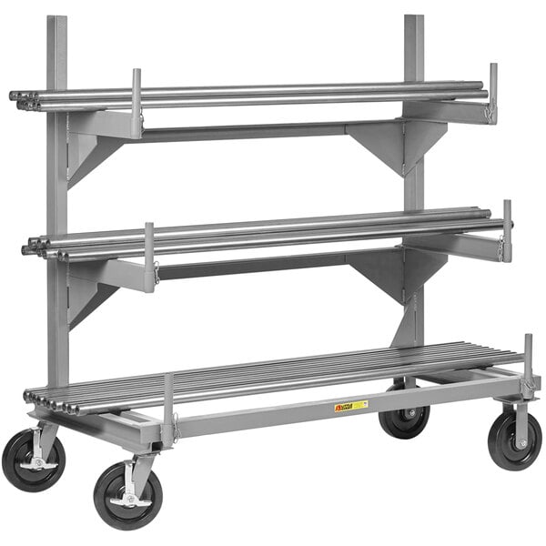 A Little Giant mobile steel cantilever cart with four shelves and wheels.