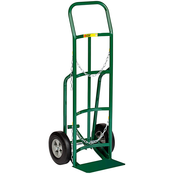 A green Little Giant gas cylinder hand truck with continuous handle and semi-pneumatic wheels.
