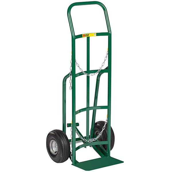 A green hand truck with black wheels.