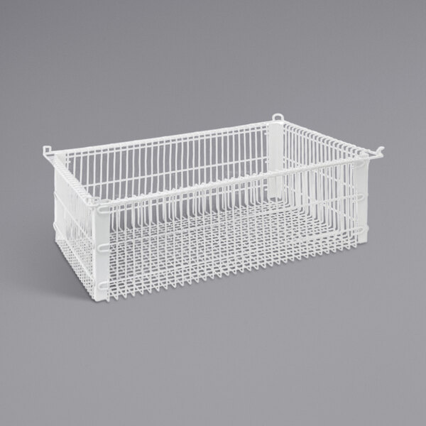 A white wire basket for a Bay Cart with a handle.