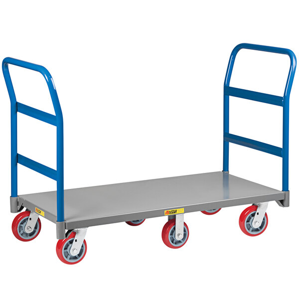 A blue and red Little Giant platform truck with blue wheels.