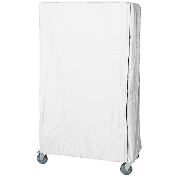 A white nylon cover with a zippered closure for Quantum shelving on a cart.