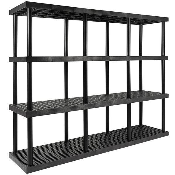 A black plastic grid top boltless shelf unit with four shelves.