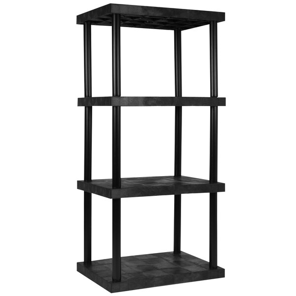 A black SPC Industrial DuraShelf 4-shelf system with solid plastic shelves and black metal rods.