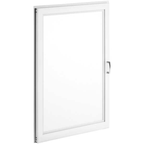 A white rectangular door with a window and a handle.