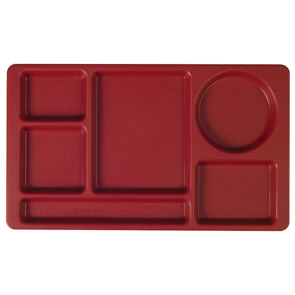 A red rectangular Cambro serving tray with six compartments.