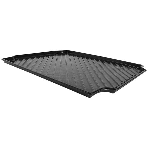 A black containment tray with a curved edge.