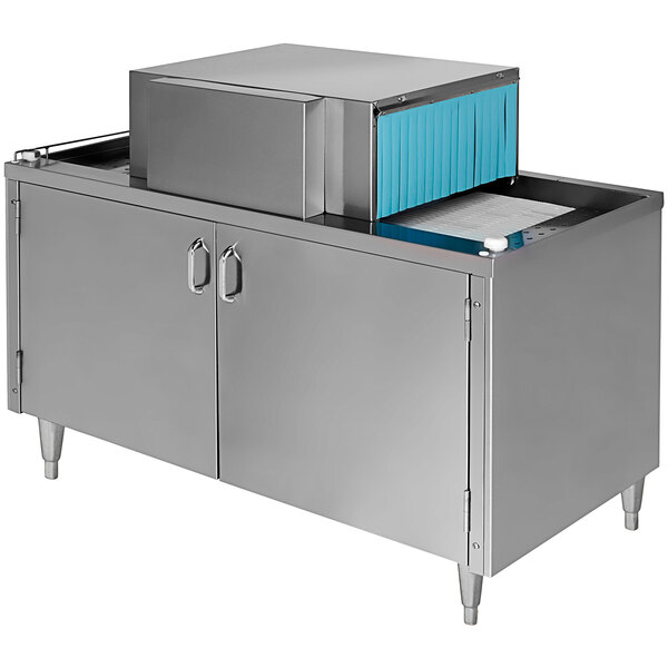 A silver Moyer Diebel glass washer machine with a blue cover.