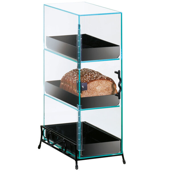 A Cal-Mil three tier bread display case with bread on trays.