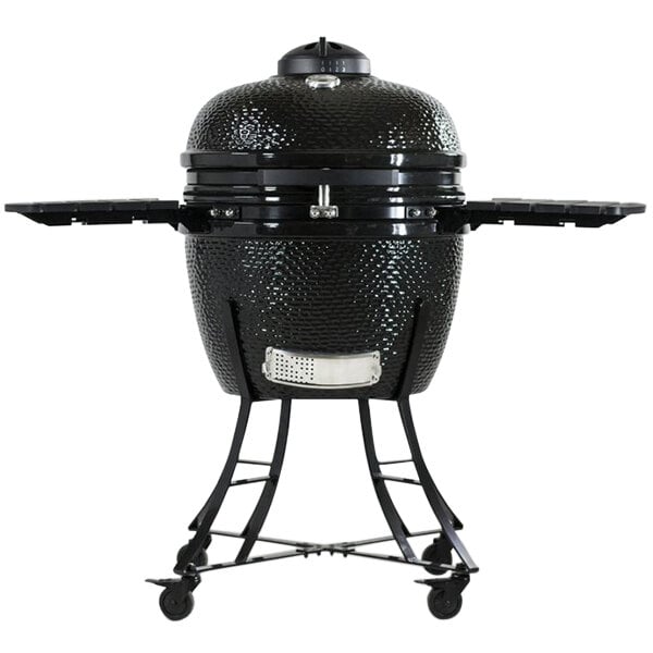 A black round Pit Boss Kamado grill with wheels.