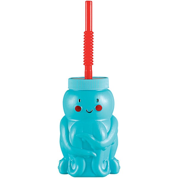 A blue plastic Amscan octopus sippy cup with a straw and red handle.