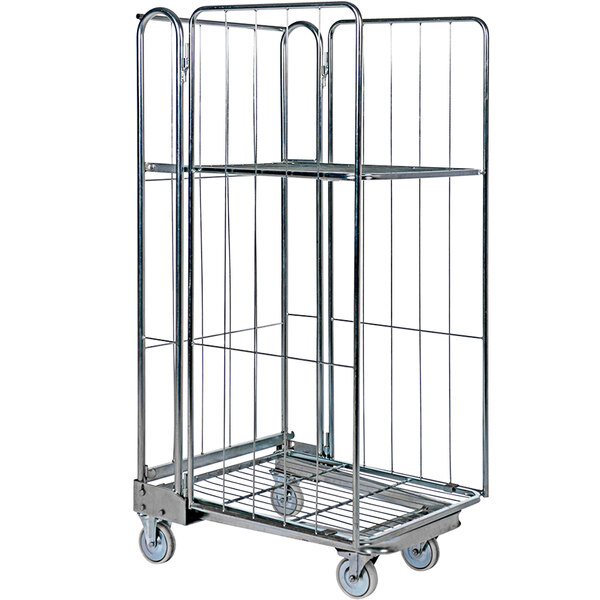 A gray steel Vestil roller container with two shelves and wheels.