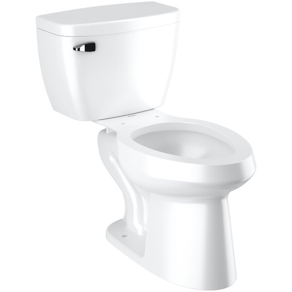 A white Sloan elongated floor-mounted toilet with a silver handle.