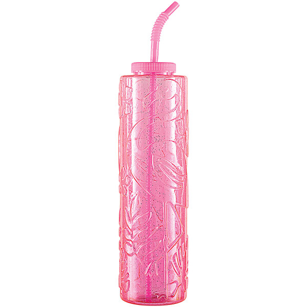A pink plastic Amscan Flamingo jumbo cup with a straw.
