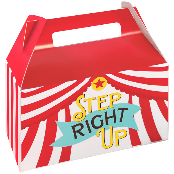 A red and white striped Amscan treat box.