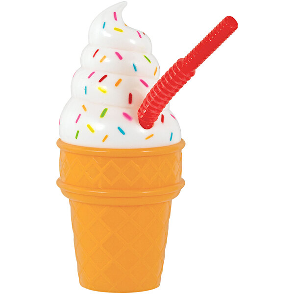 An Amscan plastic ice cream cone sippy cup with a straw.