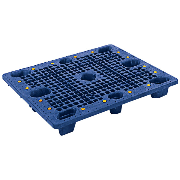 A blue plastic Lavex pallet with holes.