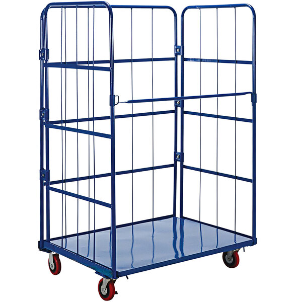 A blue steel Vestil roller container with red wheels.