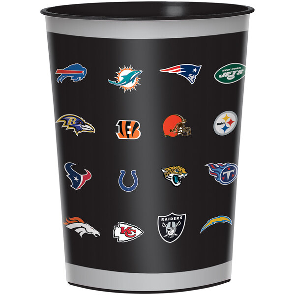 An Amscan plastic cup with NFL team logos on it.