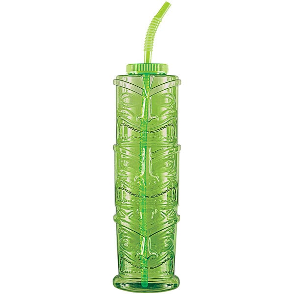 An Amscan green plastic totem pole jumbo cup with a straw.