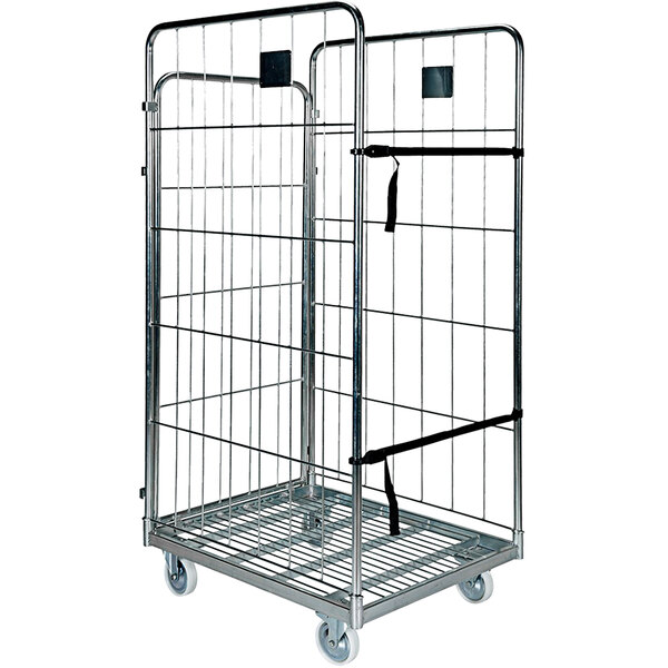 A Vestil gray steel foldable roller container with wheels and a metal cage.