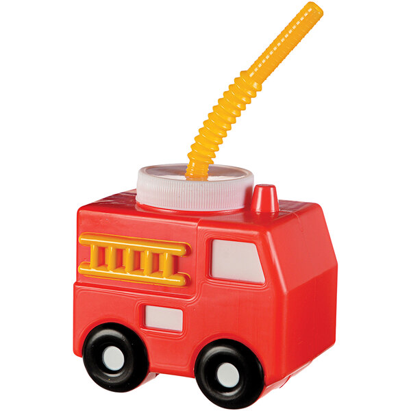 A red toy fire truck with a straw in it.