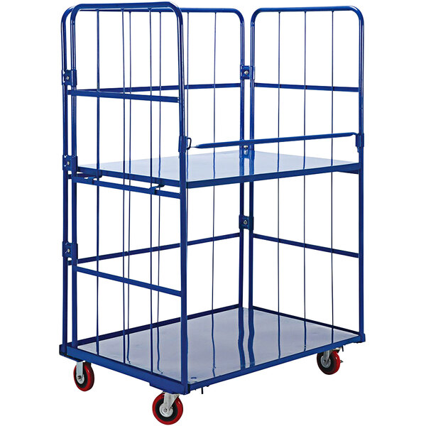 A blue steel Vestil roller container with 2 shelves and wheels.