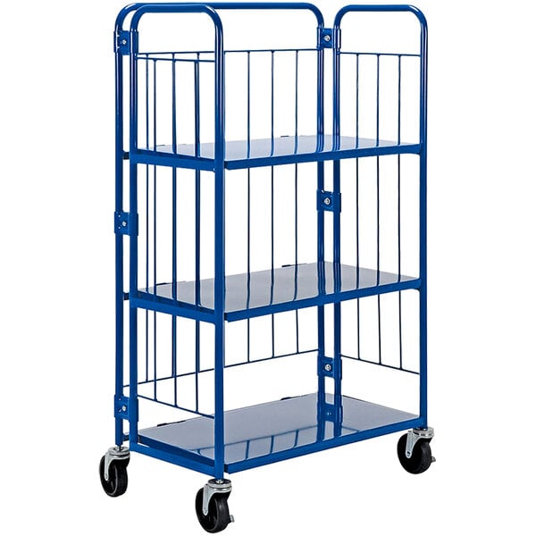 A blue steel Vestil roller container with three shelves.