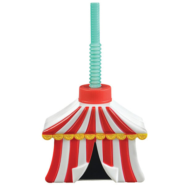 A red and white plastic carnival tent with a straw coming out of the top.