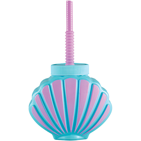 An Amscan plastic cup with a seashell shaped straw and handle.