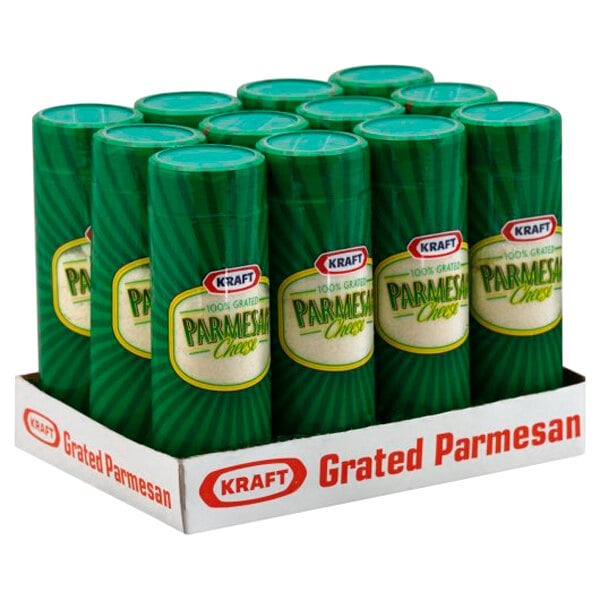 A package of Kraft grated parmesan cheese with a green and yellow label.