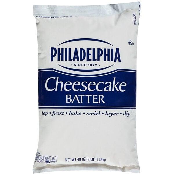 A white bag of Philadelphia Cheesecake batter.