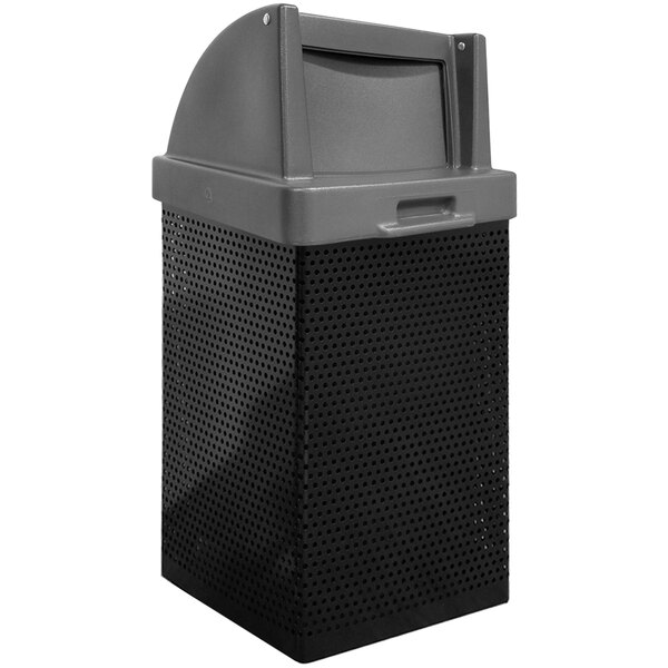 A black Wausau Tile steel square trash receptacle with a grey plastic push-door lid.