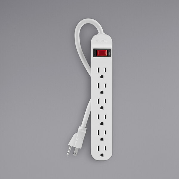 A white Belkin power strip with a red switch.