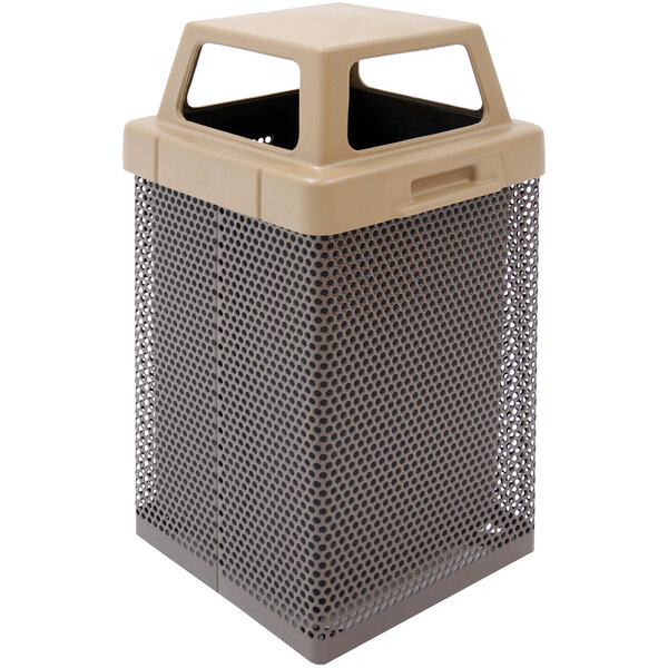A beige Wausau Tile steel square outdoor trash can with a plastic four-way lid.