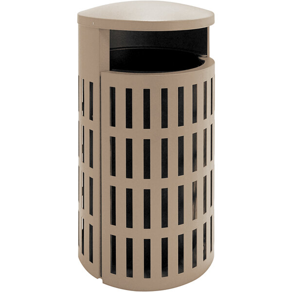 A beige Wausau Tile steel round trash receptacle with a lid.