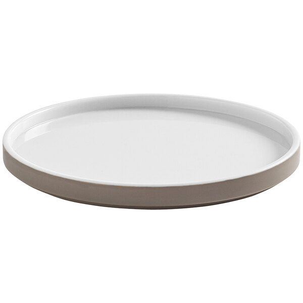 An American Metalcraft Unity white melamine plate with a brown rim.