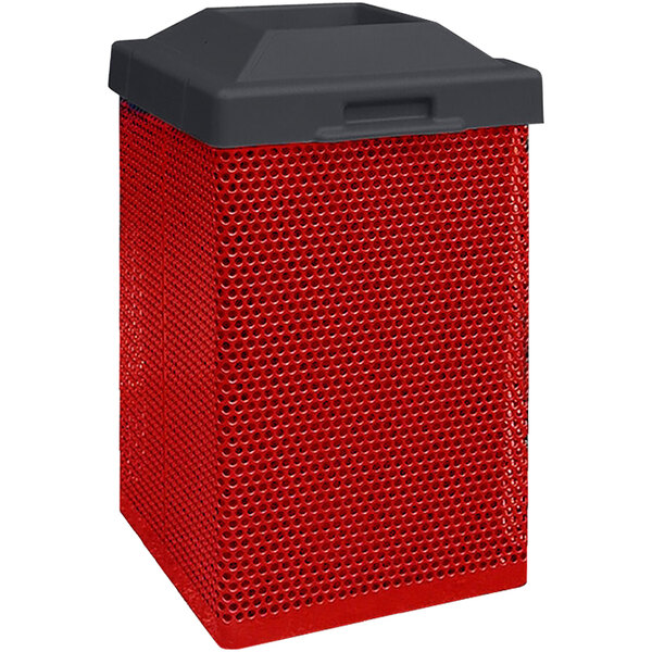 A red and black metal Wausau Tile trash can with a plastic lid.