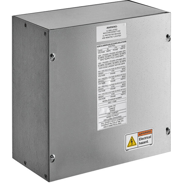 A grey NAKS UL listed electrical box with a label on it.