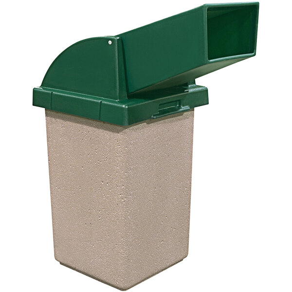 A green Wausau Tile square concrete trash receptacle with a white plastic lid.